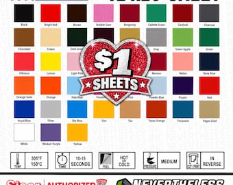 Op de afbeelding: Een kleurenkaart voor EasyWeed door Siser warmteoverdrachtvinyl, met vellen van 12 bij 20 inch in diverse kleuren zoals zwart, rood, blauw en geel. Een centraal hartgrafiek toont de tekst $1 SHEETS. Inclusief instructies voor het aanbrengen.