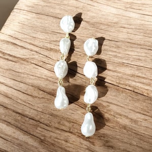 Elegant Cascade Dangle Gold Plated Stud Earrings with Faux Pearl Drops – Vintage Style Bridal Jewelry – Classic Pearl Dangle Earrings -