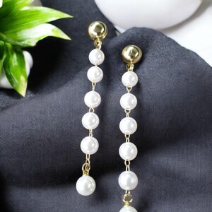 Elegant Cascade Gold Plated Stud Earrings with Faux Pearl Drops – Vintage Style Bridal Jewelry – Classic Pearl Dangle Earrings -