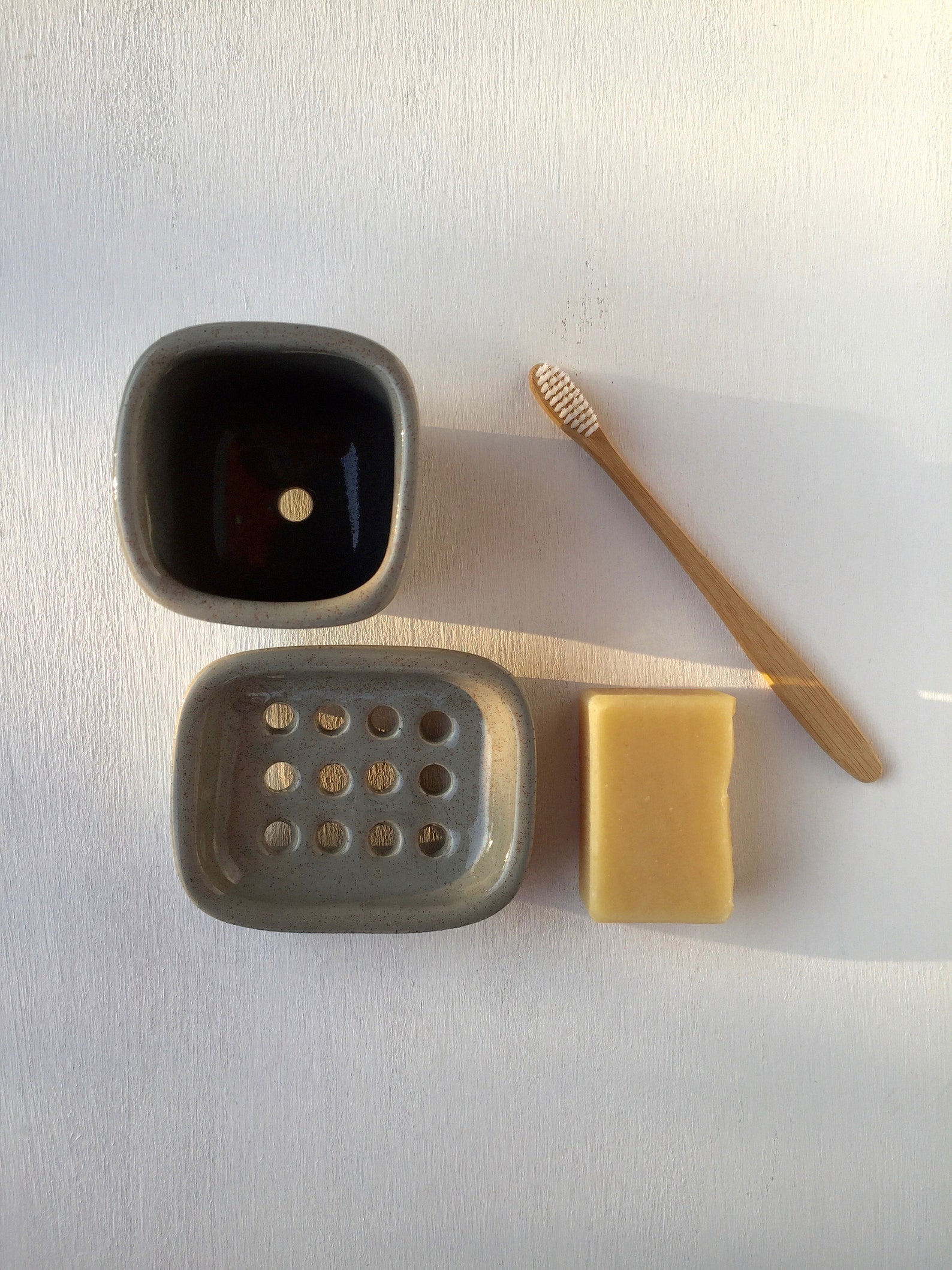 Ceramic Soap Dish and Toothbrush Holder Set / Gray Bathroom Etsy