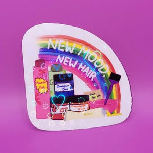 May include: A sticker featuring a rainbow and the text "NEW MOOD, NEW HAIR".  The sticker depicts bottles of hair dye in various colours, including pink, blue, red, orange, and yellow.  There is also a bowl of hair dye and a hair brush.
