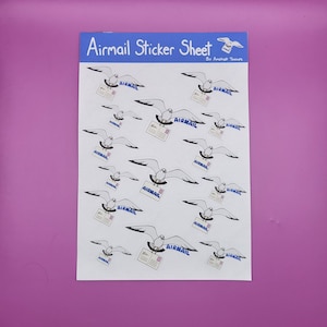 Snail Mail postage stickers for Air Mail , cornish seagull carrying postcard . sticker sheet