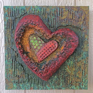 Heart Art Wall Sculpture, Handmade Art, San Diego Artist, Abstract, Expressionist,  Upcycled Mixed Media