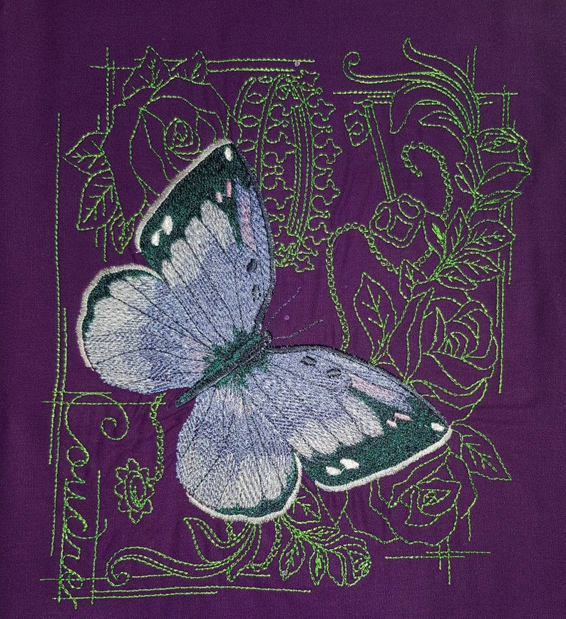 purple Cotton bag with machine embroidery unique!! delicate butterfly