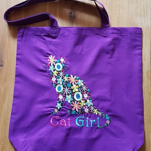 Cotton bag with machine embroidery - Flower Power Cat - Purple Aubergine Single!!