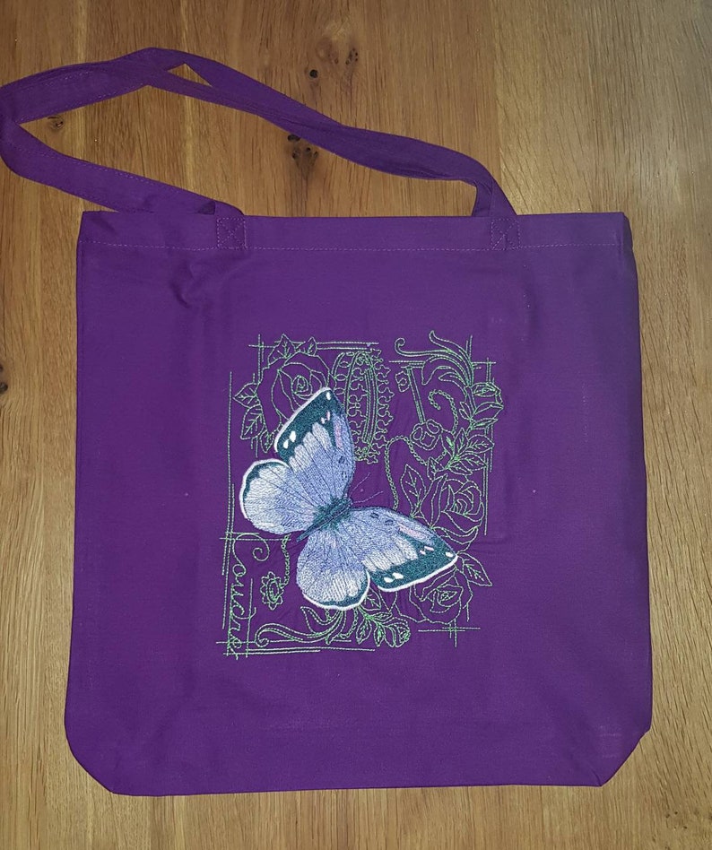 purple Cotton bag with machine embroidery unique!! delicate butterfly