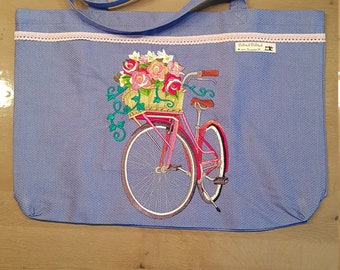 Cotton bag with machine embroidery - bicycle with rose basket - light blue patterned - unique piece !!