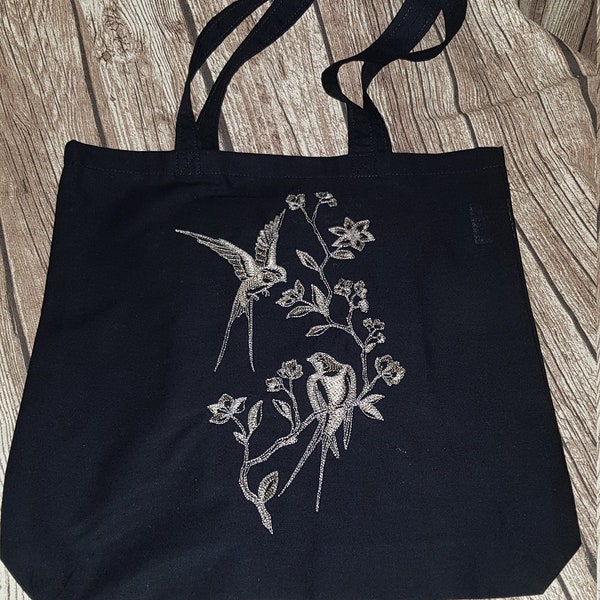 Cotton bag with machine embroidery - swallows metallic - black - single piece!!