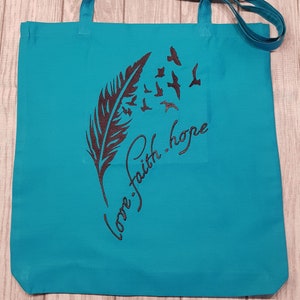 Cotton bag with machine embroidery - feather with birds - turquoise unique piece!!