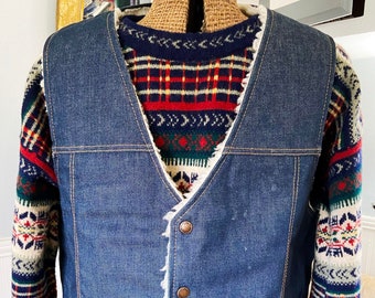 Vintage 70's Blue Jean Vest w/ Faux Sheepskin Liner Adult L Large