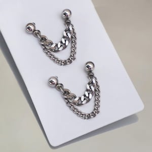 1PC/1 Pair Double Piercing 4.8mm Chunky Cuban Chain Earrings Stud Surgical Stainless Steel Gothic Punk Kpop