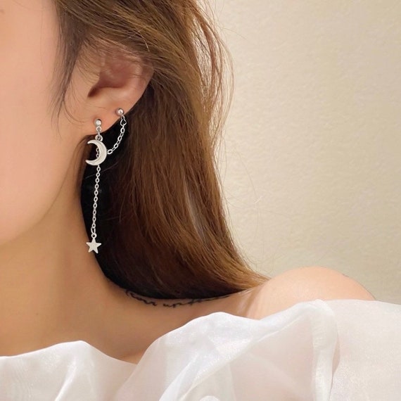 1 Pair Solid Stainless Steel Moon and Star Double Piercing Etsy