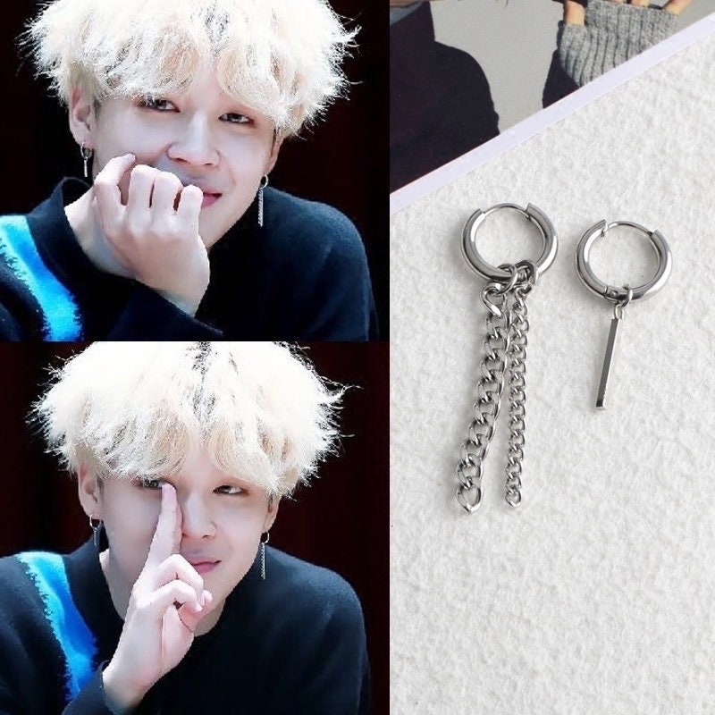 Asymmetrical 2pc Different Design BTS Rectangle Charm Surgical Steel Earrings - Picture 4 of 5