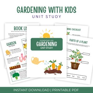 Peut inclure: Étude unitaire imprimable en PDF pour les élèves du primaire sur le jardinage. Les pages colorées présentent des illustrations de plantes, d'un arrosoir, d'un ver de terre et d'un brocoli. Le texte comprend "Jardinage avec les enfants Étude unitaire", "Faits amusants sur le jardin", "Parties d'une plante" et "Liste de livres".