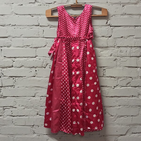 Vintage child pink dress with polka dot pattern, long V neck dress, holiday silk dress, knee length dress, second hand clothes