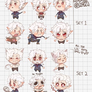 Könnte beinhalten: Ein Set mit 12 digitalen Stickern, die eine Figur mit weißen Haaren mit verschiedenen Ausdrücken und Accessoires zeigen. Die Sticker sind mit "Astarion Gacha" beschriftet und in zwei Sets unterteilt: "Set 1" und "Set 2".