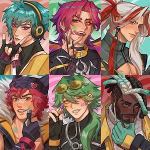 Op de afbeelding: Een digitaal illustratieraster met zes verschillende personages in anime-stijl met levendige haarkleuren, waaronder taling, magenta, wit, rood, groen en zwart, elk met unieke accessoires zoals een koptelefoon, sieraden en make-up.