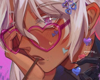 May include: A portrait of a person with white hair wearing pink heart-shaped glasses, a silver chain necklace with star charms, and a blue and black jacket. The person is holding a brown stick in their mouth and has a blue heart-shaped earring.