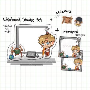 May include: A whiteboard standee set featuring rainbow holo acrylic, two stickers measuring approximately 1.3 inches, and a 30-page memopad. The set includes illustrations of a character with brown hair, glasses, and a pencil, alongside a creature.