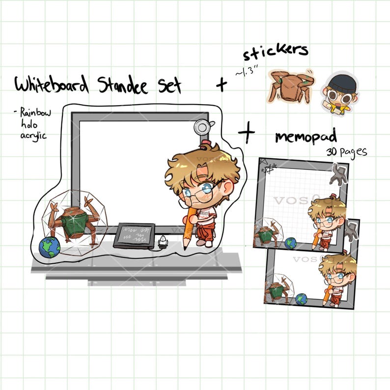 May include: A whiteboard standee set featuring rainbow holo acrylic, two stickers measuring approximately 1.3 inches, and a 30-page memopad. The set includes illustrations of a character with brown hair, glasses, and a pencil, alongside a creature.