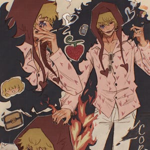 May include: A digital illustration of a character with blonde hair, wearing a pink shirt with a heart pattern, a red hooded jacket, and white trousers. The character is smoking a cigarette and has dark blue eye shadow. The background is dark with a red heart and a lighter, and the character's hand is on fire.