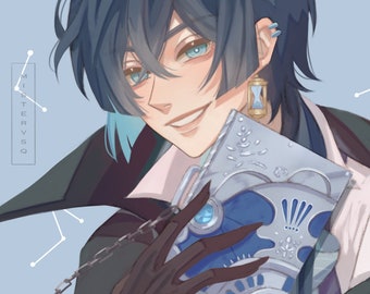 May include: A young man with blue hair and green eyes smiles while holding a silver book with a blue design. The book has a large blue gem on the cover. The background is a light blue with white stars.