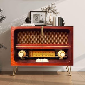 May include: A retro-style wooden cabinet designed to look like a radio. The cabinet is a deep reddish-brown with gold accents and brass hairpin legs. The front has a speaker grill and radio dials. The word "VOLUME" is visible on the left dial.