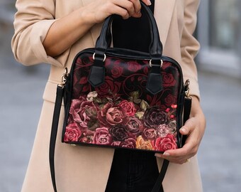 Bolso bandolera rosa gótico, bolso de mano floral oscuro, bolso de hombro estilo gótico, regalo estético de bruja coqueta para ella.