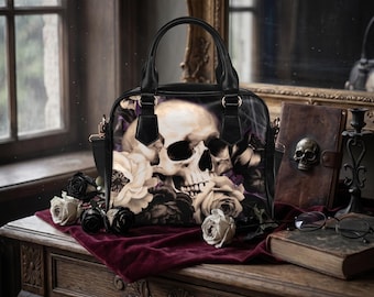 Gothic Skull Handbag | Goth Floral Vegan Leather Top Handle Bag