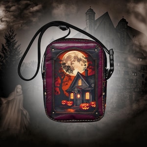 Haunted House Halloween Crossbody Bag: Embossed Leather Look Canvas Purse