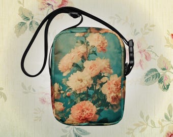 Vintage Floral Canvas Crossbody Purse: Cottagecore Botanical Messenger Bag with Adjustable Strap