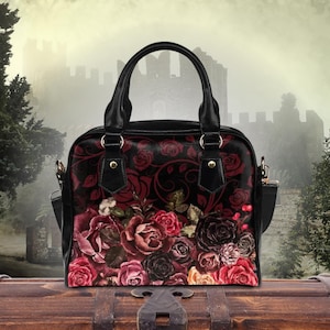 Dark Roses Floral Crossbody Bag: Cottagecore Canvas Handbag