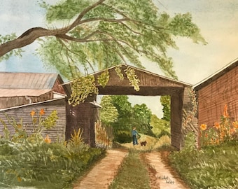 A boy, his dog and a Barn, Original Watercolor by Beulah Witt