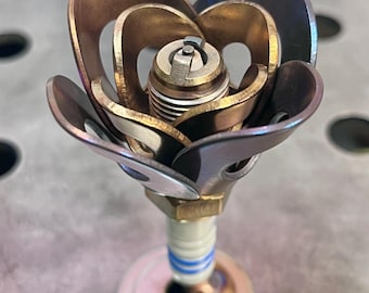 Spark plug rose with COLOR! Scrap metal flower welded upcycled car parts artwork - perfect gift for your favorite mechanic and racing fan!