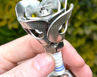 Spark plug rose - scrap metal flower welded upcycled car parts artwork - perfect gift for your favorite mechanic and racing fan!