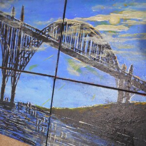 May include: A four-panel painting depicting a bridge against a blue sky with white clouds. The bridge is painted in black and the sky is a light blue with white clouds. The painting is done in a realistic style.