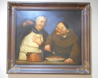 1890-1920's Monks in Church Kitchen with Copper Pot Talking and Eating Framed