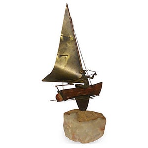 Brutalist Metal Nautical Sculpture Sailing Boat with Boy on Rock C. Jere  Mid Century Modern