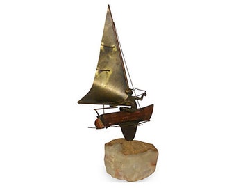 Brutalist Metal Nautical Sculpture Sailing Boat with Boy on Rock C. Jere  Mid Century Modern