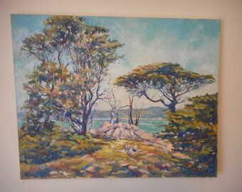 Impressionist Picnic By the Sea Mid Century Original Oil Painting