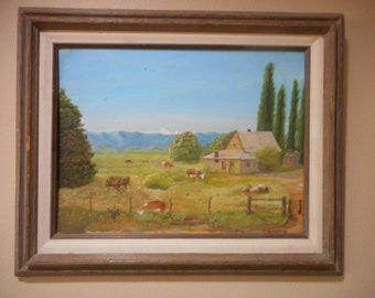 Cows Grazing in Front of The Little Old Farm House in Fall Original Framed Oil Painting