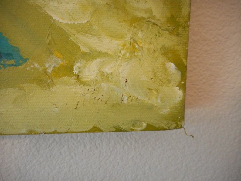 May include: A close-up of a yellow and green abstract painting with a signature in the bottom right corner. The signature reads "Ilrick Velle".