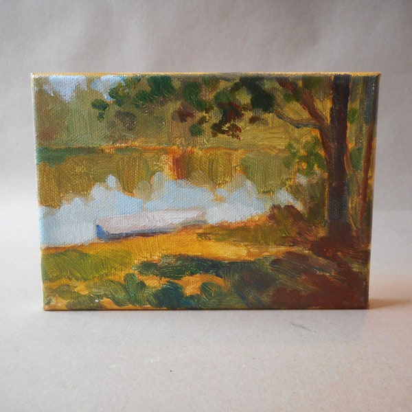 California Plein Air Impressionist Lake and Sitting Bench Under Trees By Rod Norman Original Acrylic Painting