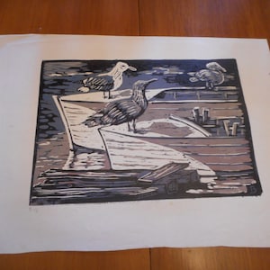 Sea Gulls on Boats Shoreline Mendocino Wood Cut / Linocut Mid Century Original Artwork Nancy Barth