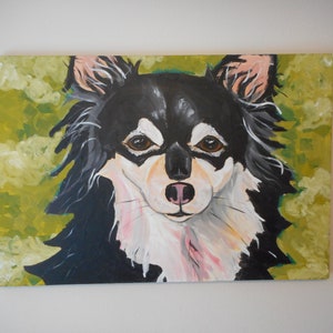 May include: A painting of a black and white chihuahua with brown eyes. The dog is looking directly at the viewer. The background is a green and yellow abstract design.
