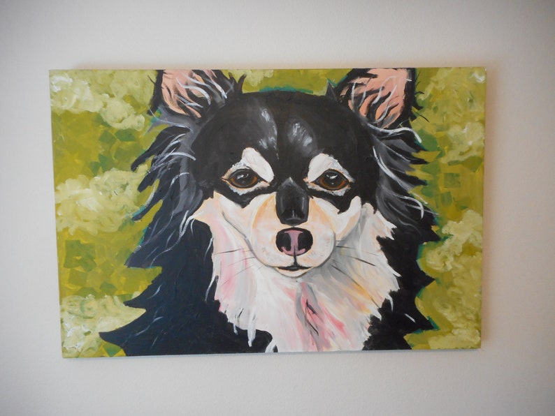 May include: A painting of a black and white chihuahua with brown eyes. The dog is looking directly at the viewer. The background is a green and yellow abstract design.