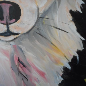 May include: Close-up of a painted dog's face, with a pink nose and black eyes. The fur is painted in shades of white, grey, and pink, with black lines for whiskers.