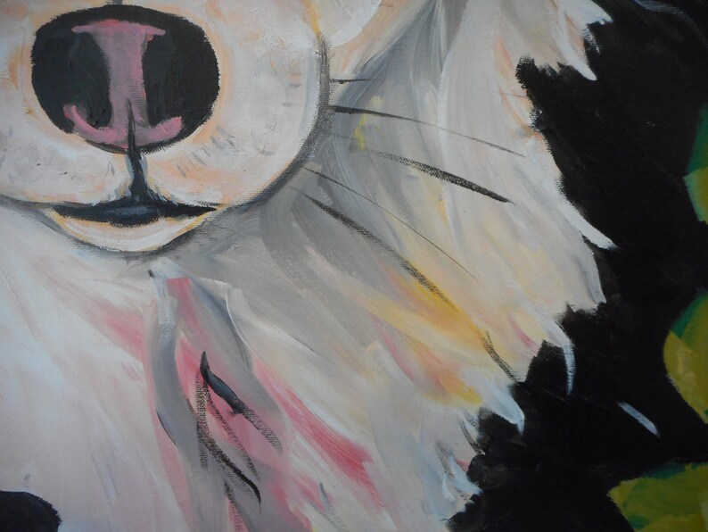May include: Close-up of a painted dog's face, with a pink nose and black eyes. The fur is painted in shades of white, grey, and pink, with black lines for whiskers.