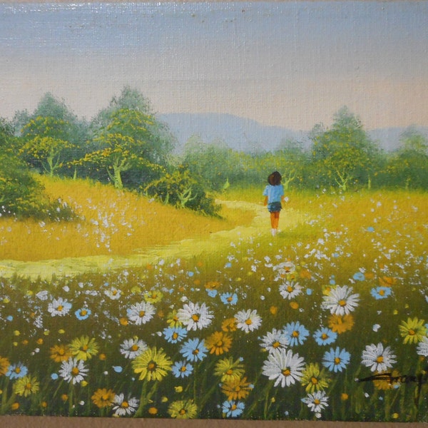 Morning Walk in Field of Flowers Mid Century Original Oil Painting