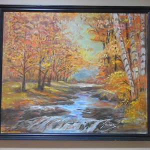 Stream or River in the Fall Impressionist  Mid Century Original Oil Painting